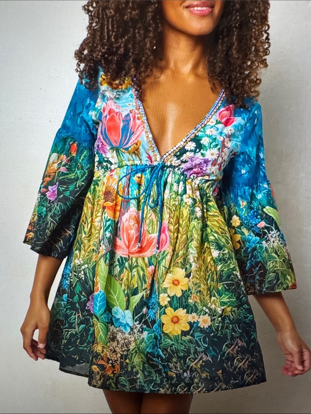 NATURAL LIFE Blue Multi Floral V-Neck Mini Dress - Picture 1 of 4